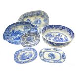 19th century blue and white transfer printed meat plates; Clews Spode printed 'Castle' pattern,