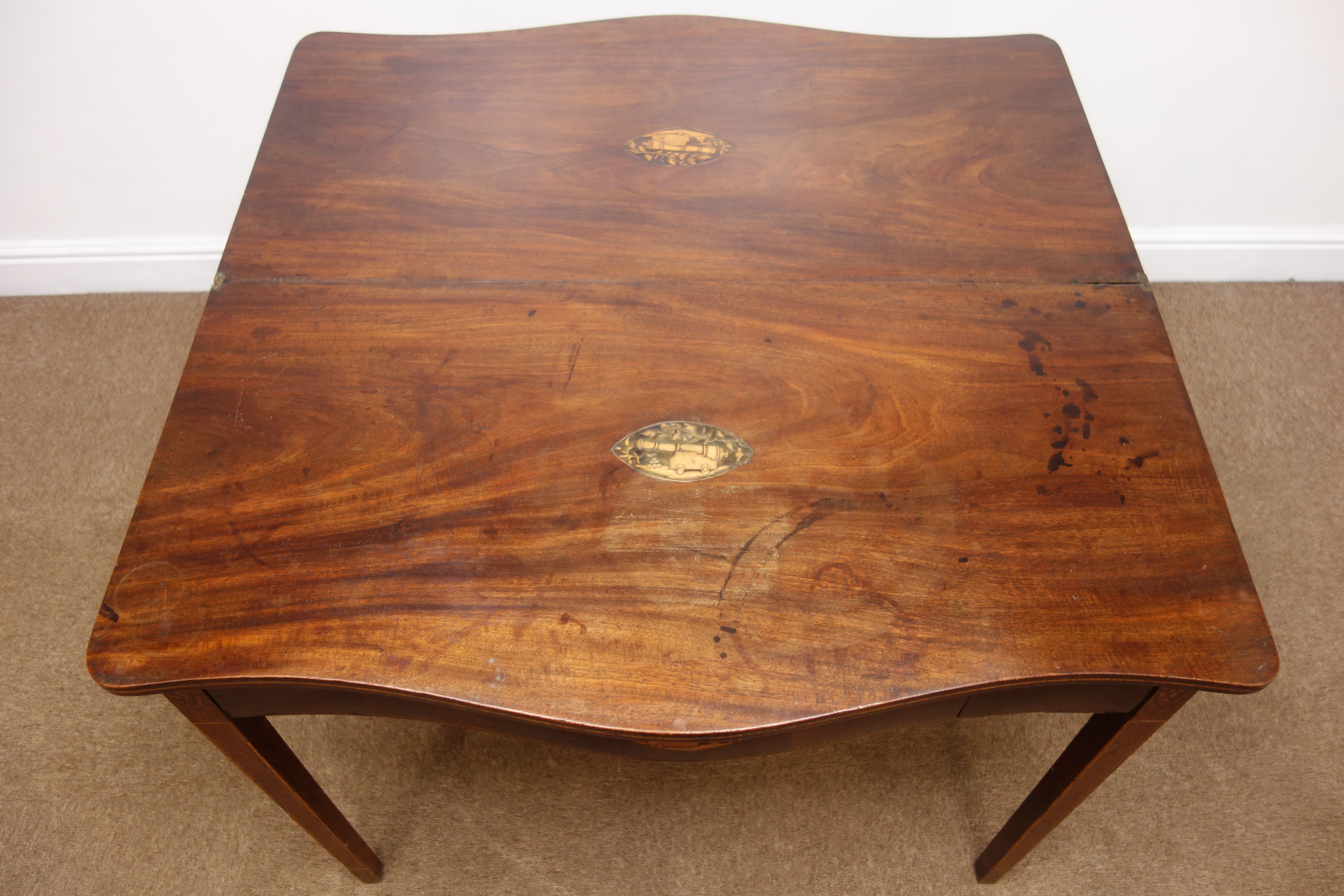 George lll mahogany serpentine front folding tea table, inlaid with specimen wood roundel, - Image 6 of 8