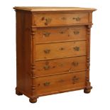 Early 20th century pitch pine chest with one frieze above four long graduating drawers enclosed by