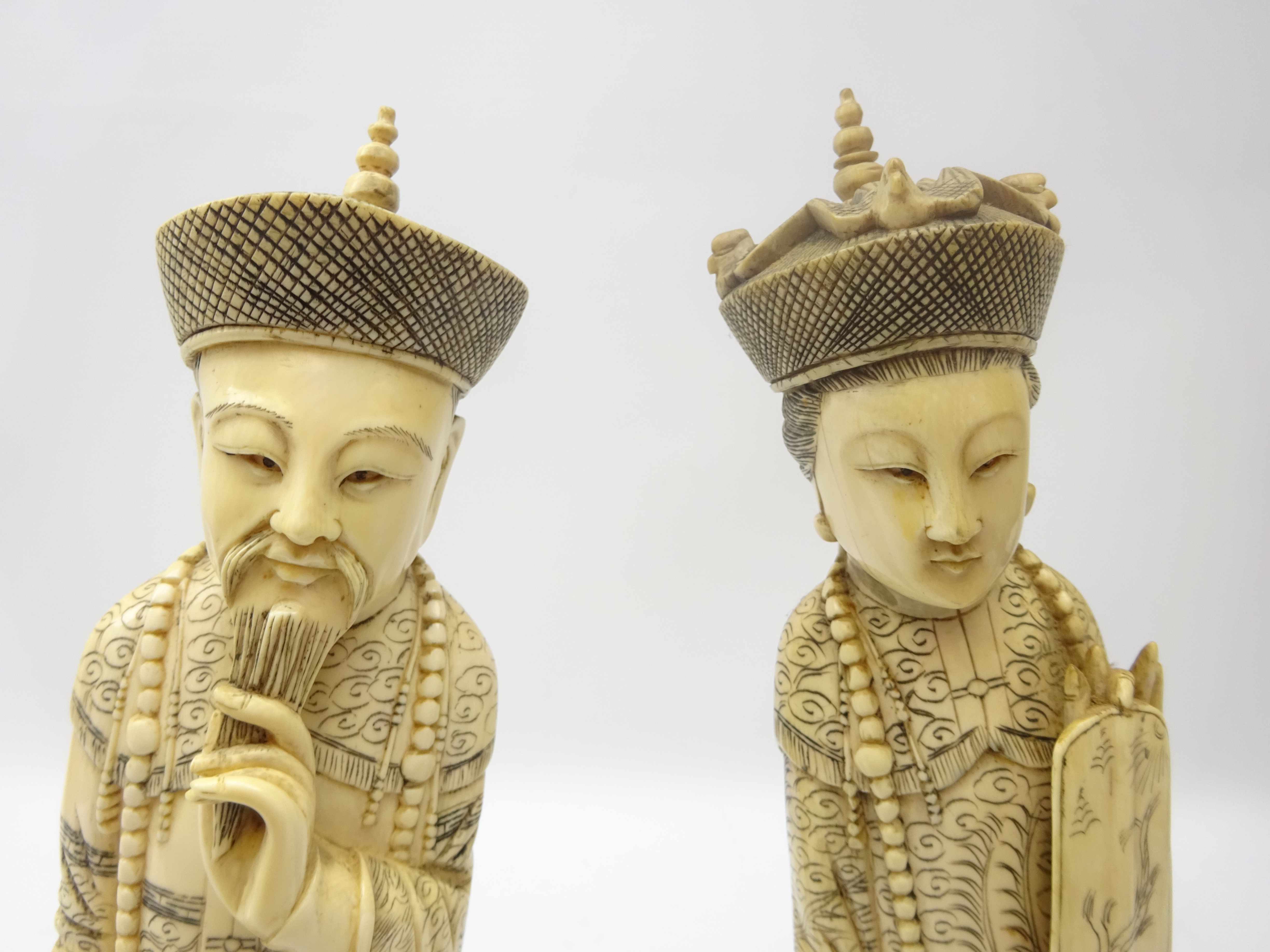 Pair 19th century Chinese carved ivory figures of an Emperor & Empress, - Image 2 of 6