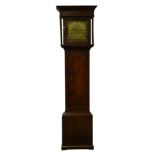 18th century oak long case clock, projecting cornice over square hood and glazed door,
