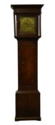 18th century oak long case clock, projecting cornice over square hood and glazed door,