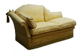 Victorian style chaise longue, shaped back and drop end with rope tied brass urn finials,
