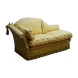 Victorian style chaise longue, shaped back and drop end with rope tied brass urn finials,