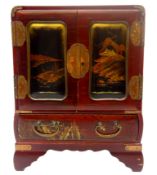 Japanese Meiji lacquer table top cabinet decorated with landscape panels and foliage with copper