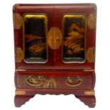 Japanese Meiji lacquer table top cabinet decorated with landscape panels and foliage with copper