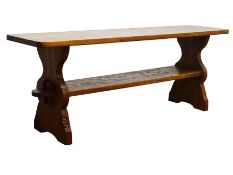 'Gnomeman' oak coffee table, narrow rectangular adzed top,
