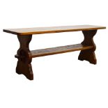 'Gnomeman' oak coffee table, narrow rectangular adzed top,