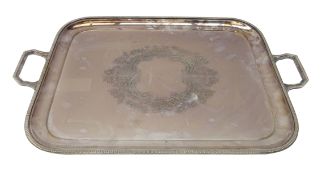 Mappin & Webb Prince Plate twin handled tray with raised beaded edge,