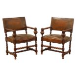 Pair early 20th century Carolean style beech armchairs, barley twist frames,