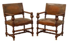 Pair early 20th century Carolean style beech armchairs, barley twist frames,