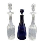 19th century Bristol Blue glass decanter with lozenge shaped stopper,