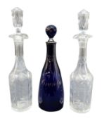 19th century Bristol Blue glass decanter with lozenge shaped stopper,