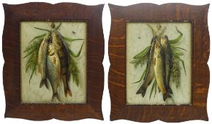 Pair 19th century embossed prints depicting hanging game fish,