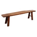 19th century country elm plank bench on four chamfered split tennon supports, L170cm,