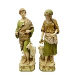 Pair of large Royal Dux figures of shepherd and shepherdess stood besides a goat and sheep on