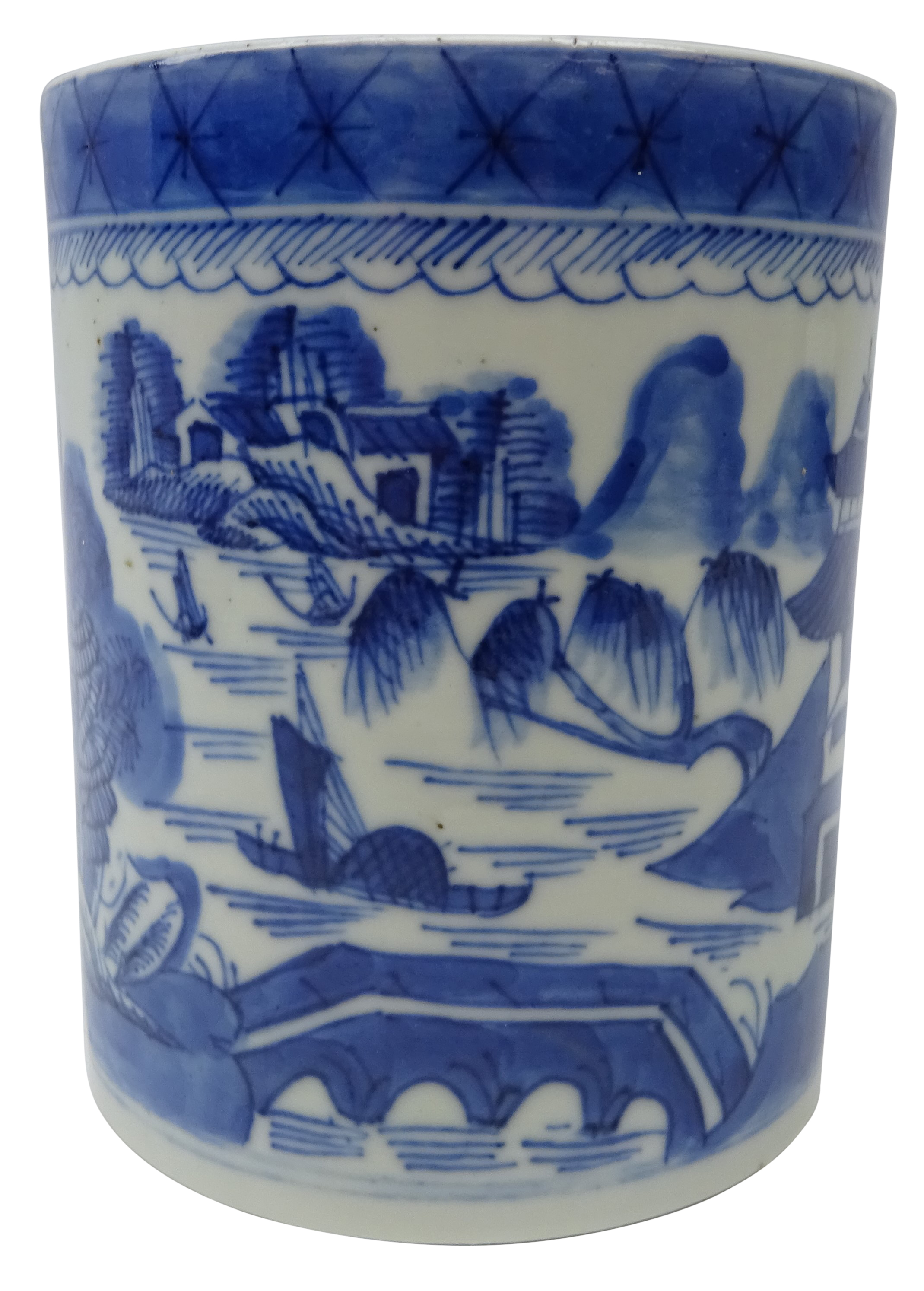 18th century Chinese blue and white tankard decorated with Pagodas in river landscape,