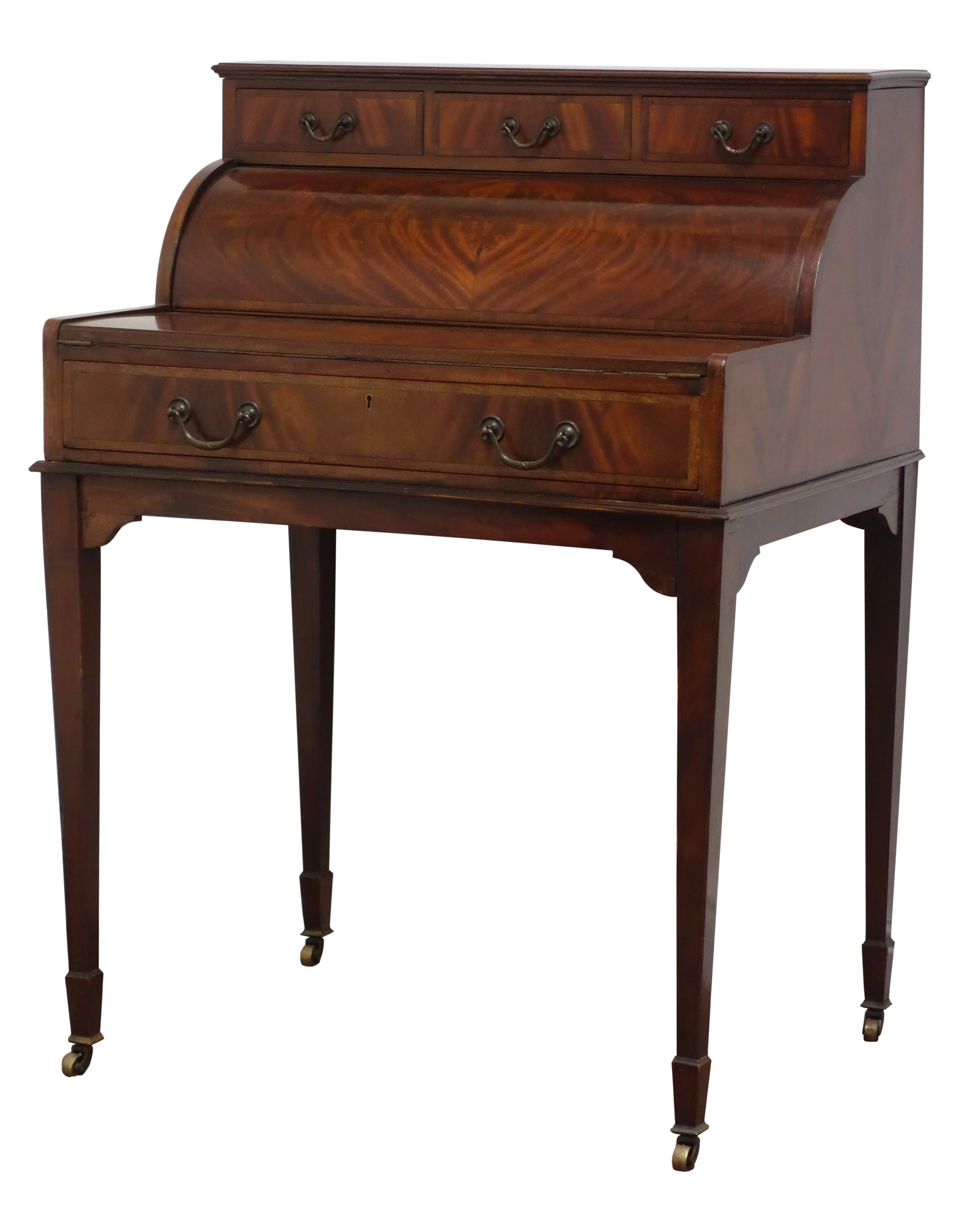 Edwardian mahogany cylinder front writing desk with three drawers, - Image 2 of 8