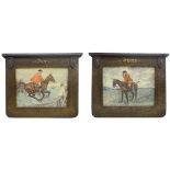 Pair Arts & Crafts hammered copper frames titled 'Joy' & 'Grief' flanked by two Fox tail embossed