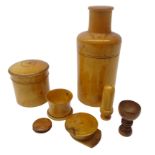 Collection of 19th century and later turned treen; Boxwood bottle case,