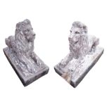 Large pair early painted composite stone recumbent lions,W44cm, H79cm,