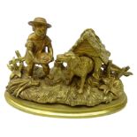 19th century gilt bronze ink stand in the form of a child feeding a dog,