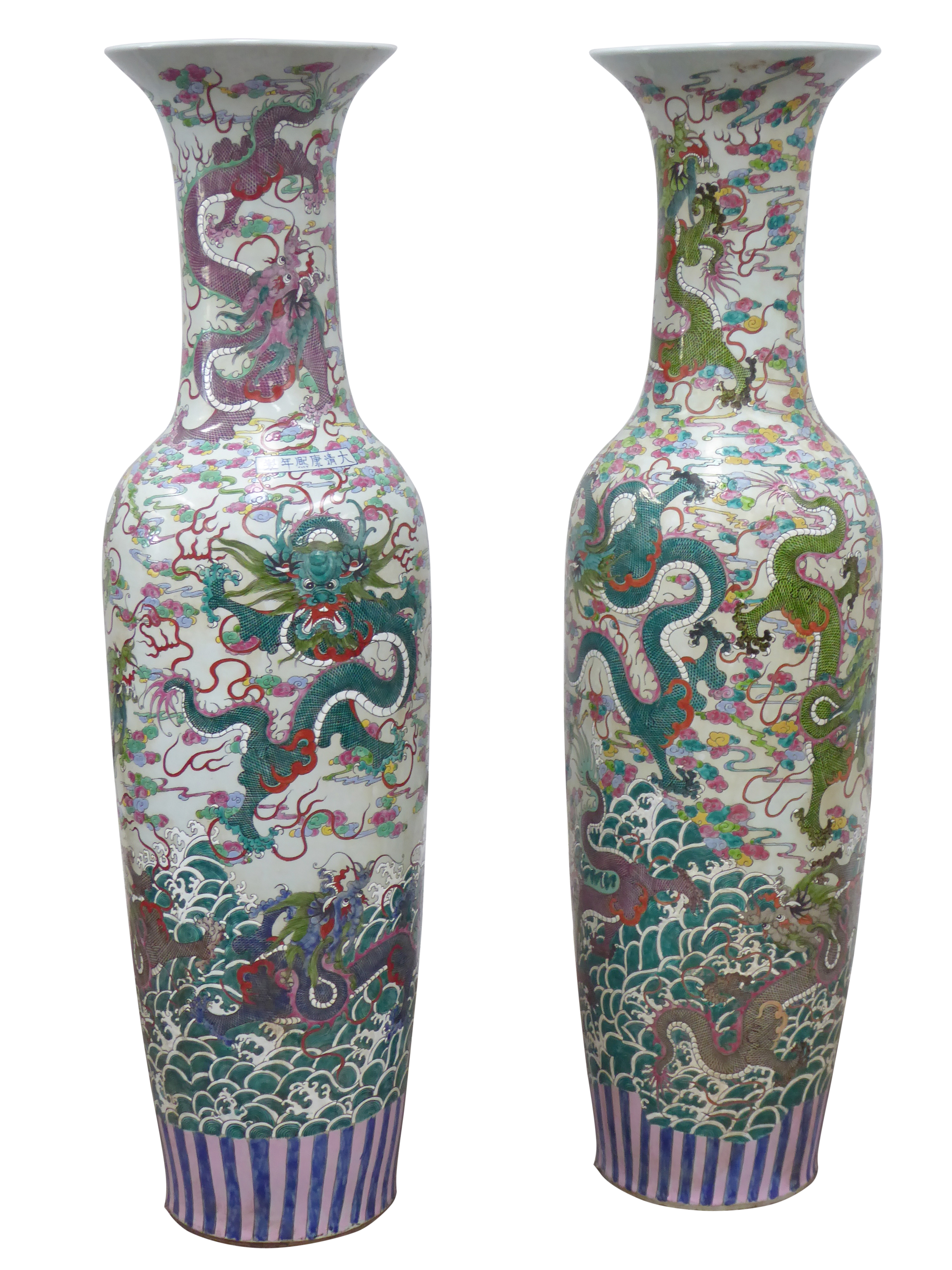 Large pair 20th century Cantonese floor vases, flared rim and tapering cylindrical form,