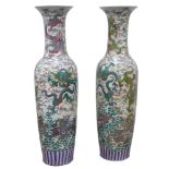 Large pair 20th century Cantonese floor vases, flared rim and tapering cylindrical form,