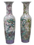 Large pair 20th century Cantonese floor vases, flared rim and tapering cylindrical form,