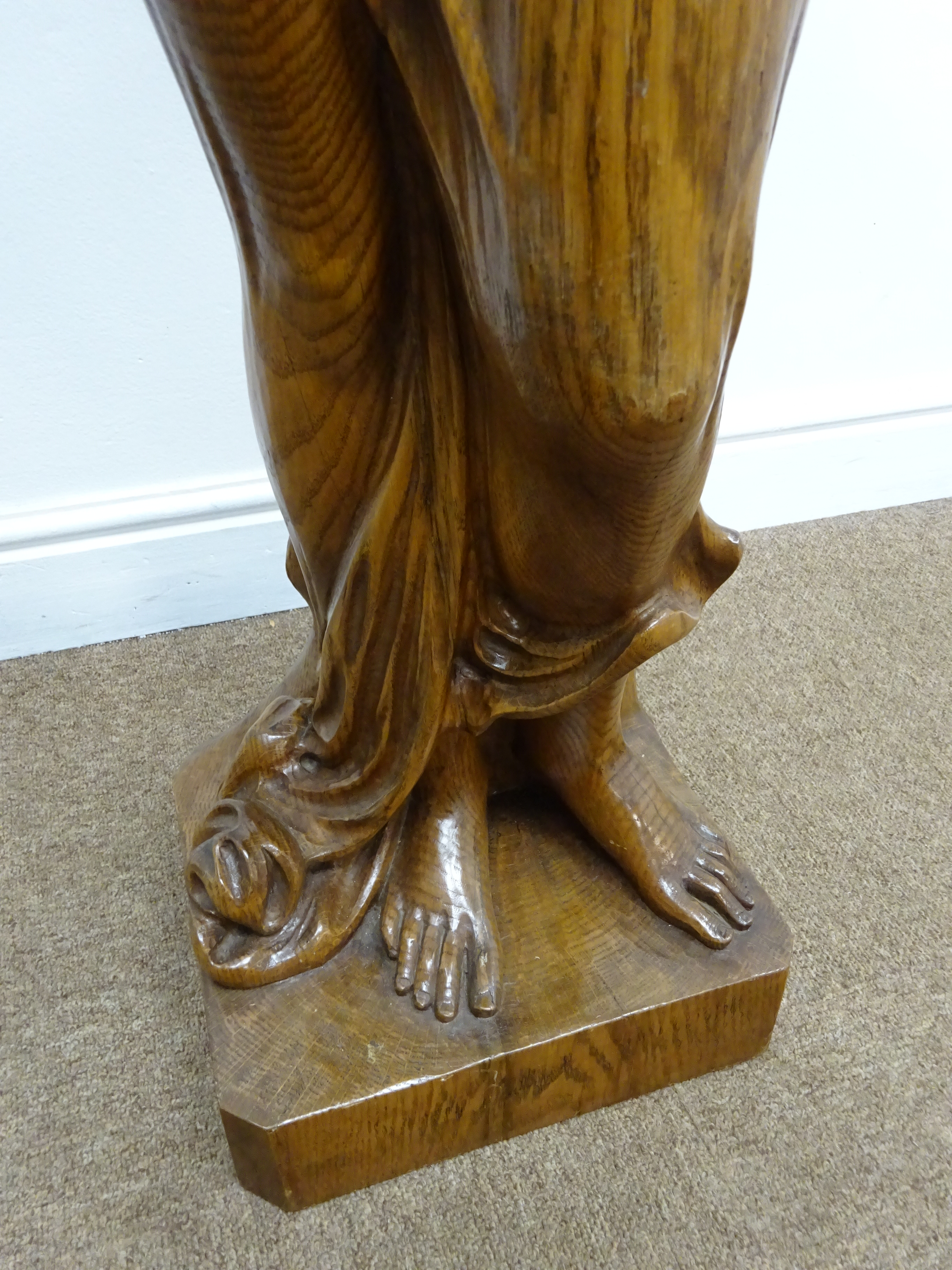 Large carved figured oak model of a diaphanously draped young woman, - Image 4 of 7