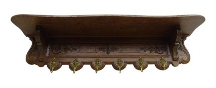 20th century French oak wall hanging coat rack, relief carved with scrolls and acanthus leaves,