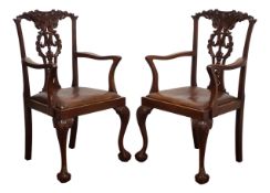 Pair of Chippendale style mahogany elbow chairs,