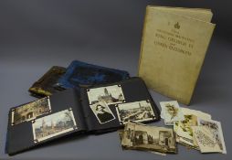 Three photograph albums containing Edwardian and later postcards and photographs including RP and