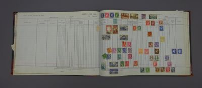 Collection of World stamps in a large ledger, which has been used as a stamp album,