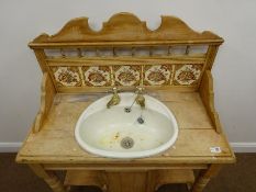 Victorian stripped walnut washstand, raised shaped back with turned gallery and tiles,