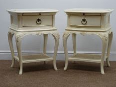 Pair Wallis & Gambier Ivory serpentine bedside chest, moulded top, single drawer,