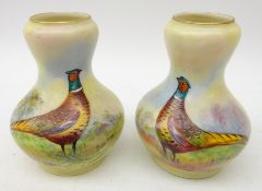 Pair late 19th century Locke & Co. Worcester vases painted with a Pheasant by W.