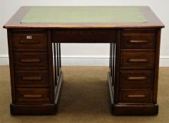 Early 20th century oak twin pedestal desk, green leather inset top, two slides, eight drawers,