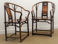 Pair of Huanghuali type horseshoe back open arm chairs,