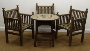 Set three hardwood garden armchairs (W62cm) and circular table, square out splayed supports (D72cm,