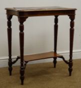 Victorian mahogany console table, leather inset top, turned supports, W65cm, H72cm,