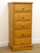 Narrow solid pine chest, five drawers, plinth base, W52cm, H119cm,
