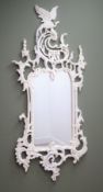 Ornate white finish mirror with carved bird detail, W62cm,