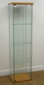 Square four glass display cabinet, three shelves, W43cm, H162cm,