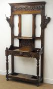 Victorian carved oak hall stand, raised bevel edge mirror back,