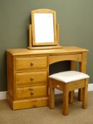 Solid pine dressing table, single frieze and three pedestal drawers (W111cm, H77cm,