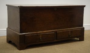 Late 18th century oak mule chest, hinged lid above two drawers, shaped bracket supports, W111cm,