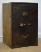 Victorian cast iron safe, single door enclosing two drawers, green painted finish, 'Fred K Baxter,