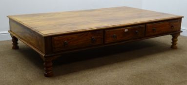 Large Indian rosewood rectangular coffee table, six drawers, turned supports, W101cm, H40cm,