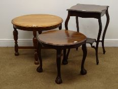 Early 20th century mahogany two tier table, moulded top, shaped supports (W49cm, H70cm,